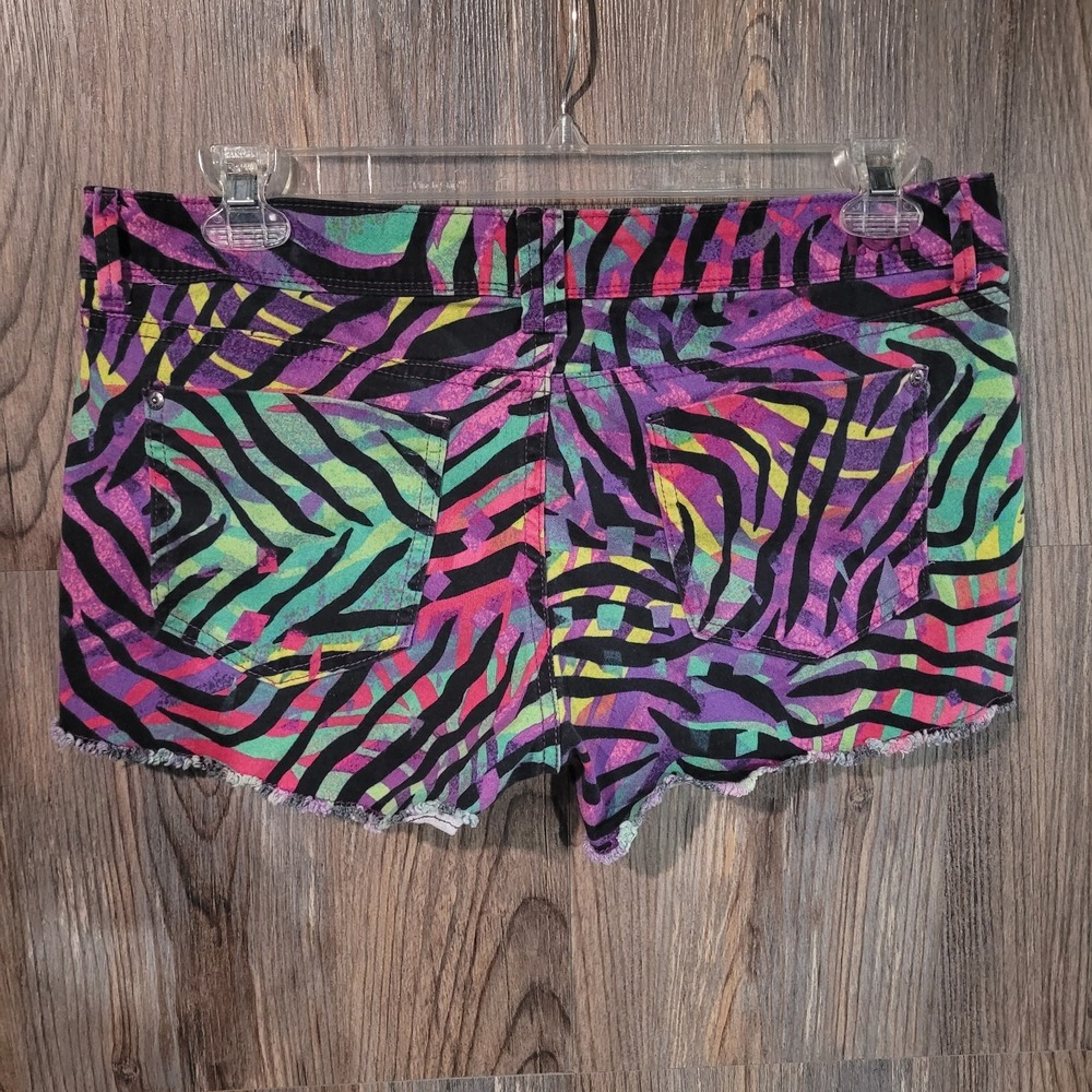 LEI Y2K Neon Zebra Shorts Juniors Sz 15 Rainbow Colorful Low Rise Cutoff Raw Hem